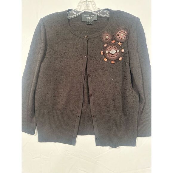 Gorgeous St. John Floral Accented Brown Cardigan, Size Small - Picture 6 of 8